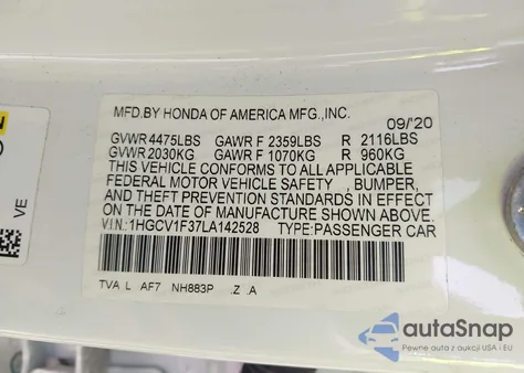 2020 Honda Accord Sport из США, поврежденный, VIN 1HGCV1F37LA142528